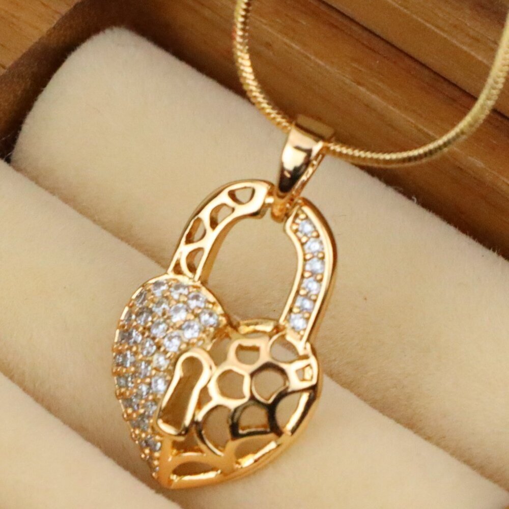 "Rose Gold Heart Lock Pendant with Crystal Accents and Cutout Design, XPPT1252